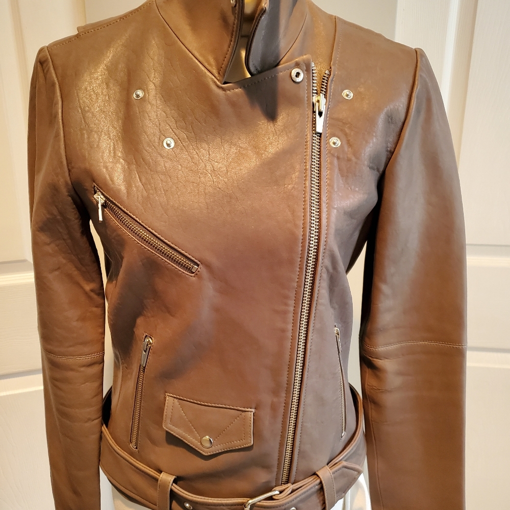 Veda Women's Leather Jacket in Taupe Grey Size M